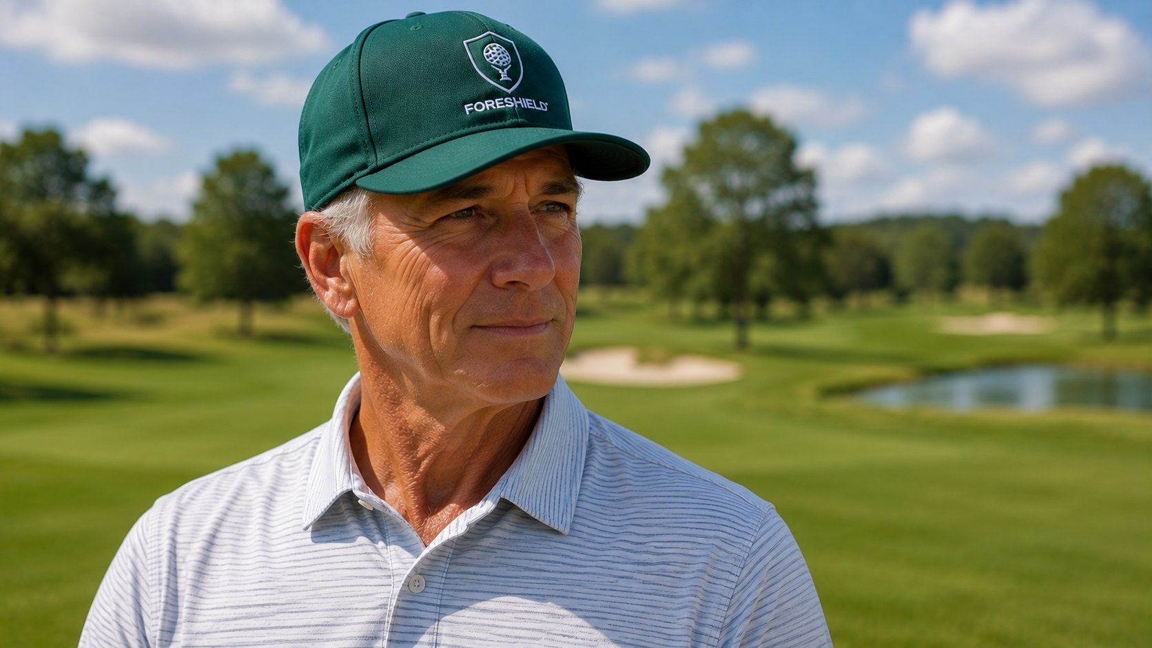 Senior golfer wearing the ForeShield cap