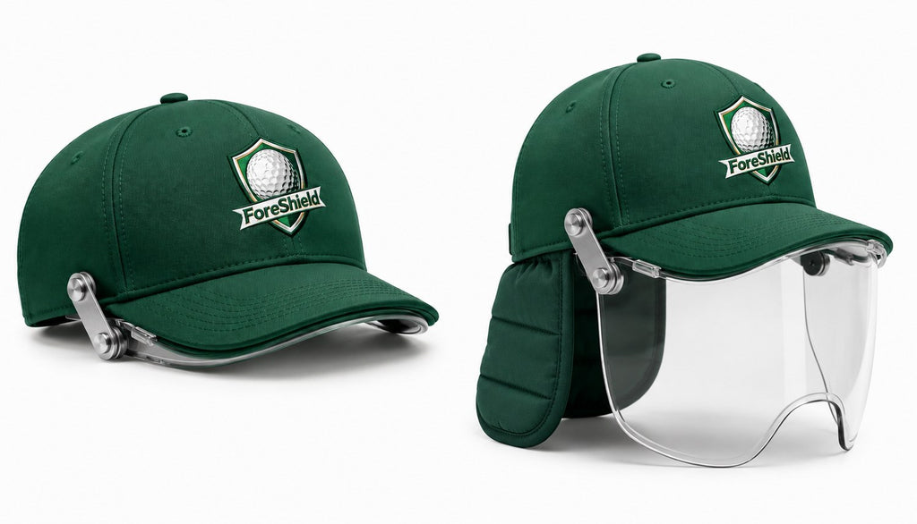 ForeShield Golf Safety Cap — stored and deployed (full-face shield + rear flap)