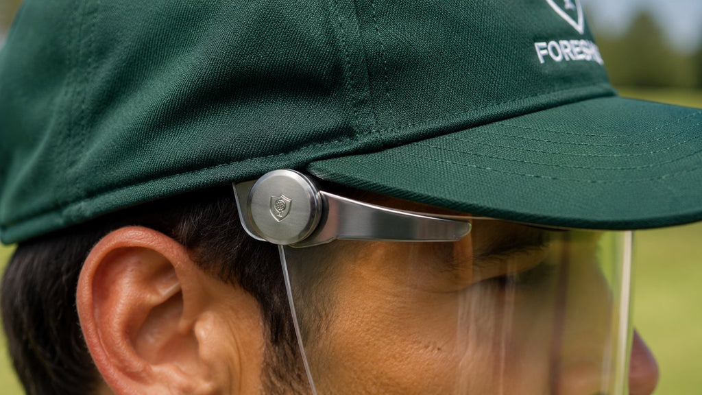 Close-up of the ForeShield cap pivot hinge and clear face shield