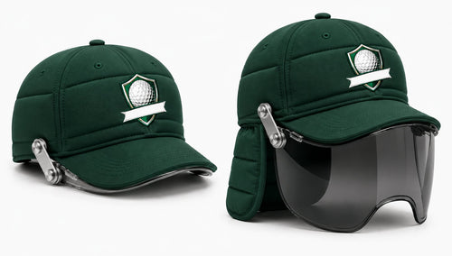 ForeShield Premium golf cap with photochromic auto-tint shield deployed