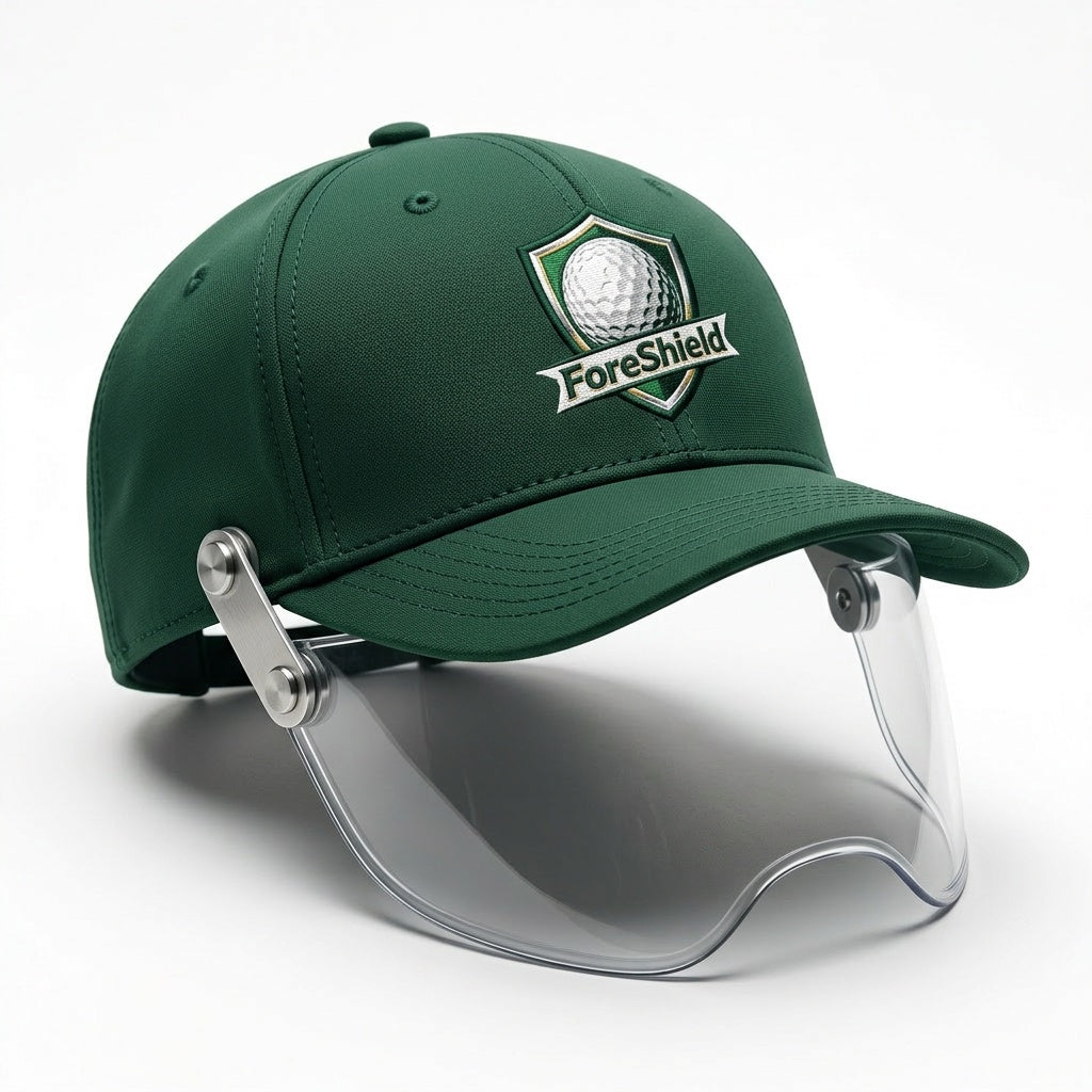ForeShield golf safety cap with deployed polycarbonate face shield