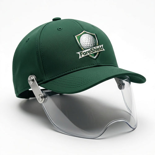 ForeShield golf safety cap with deployed polycarbonate face shield