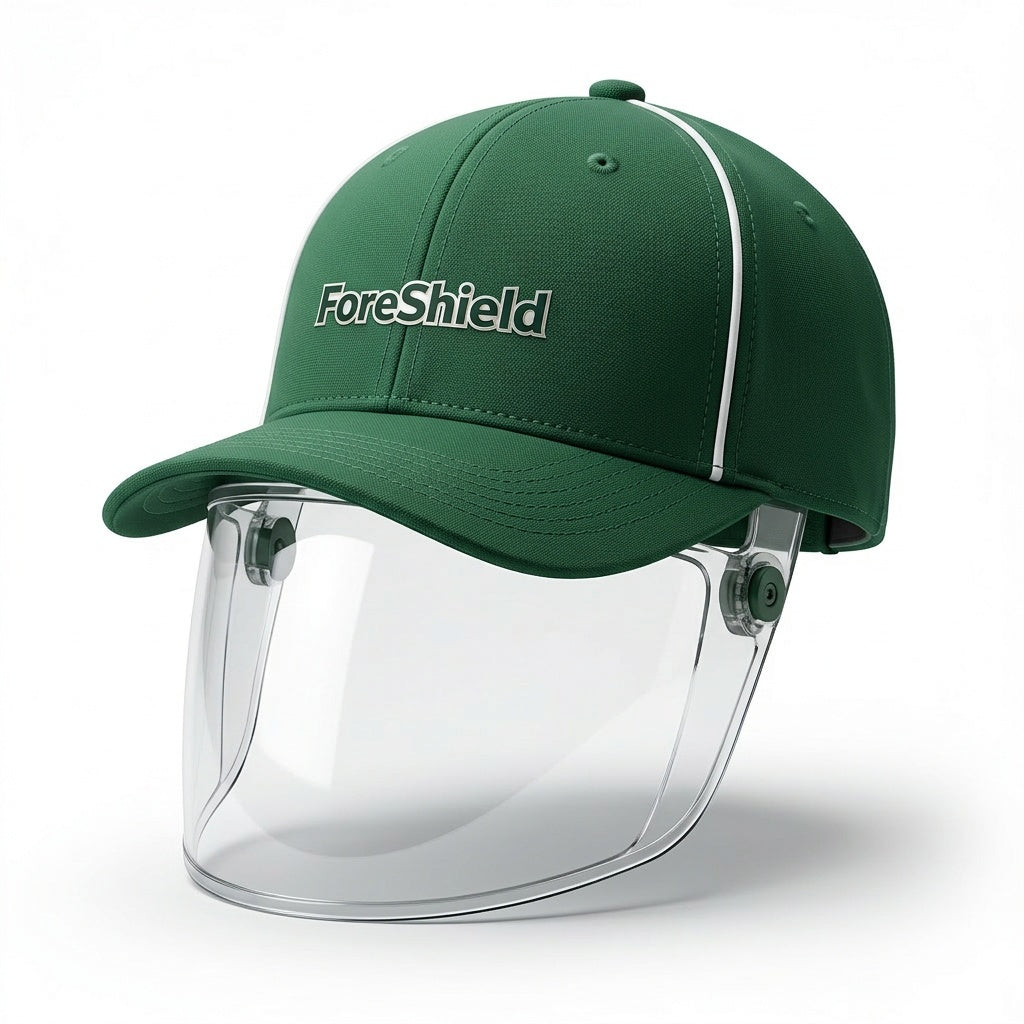 ForeShield cap front view with face shield deployed